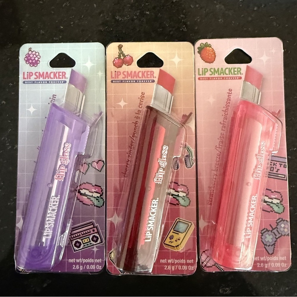 Lip Smacker Flip Gloss 3pc (Grape Gusher, Cherry Zinger, Strawberry Breeze) New